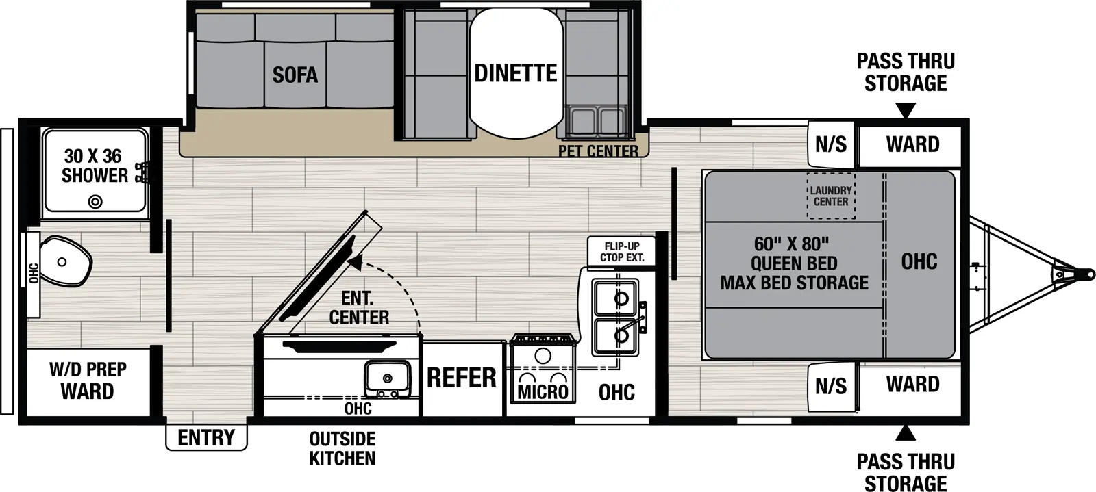 The 2557RB has one slide out on the off-door side and one entry door on the door side. Interior layout from front to back: front bedroom with foot queen bed containing max bed storage, overhead cabinet, and wardrobes on either side of the bed; kitchen living dining area with off-door side slide out containing pet center, u-shaped dinette, and sofa; door side kitchen containing countertop extension, double basin sink, overhead cabinet, cook top stove, microwave cabinet, and refrigerator; door side entertainment center, pantry, and closet; and rear bathroom.